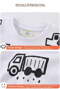 Detail of white cotton boys t-shirt showing round neckline and black truck graphic print