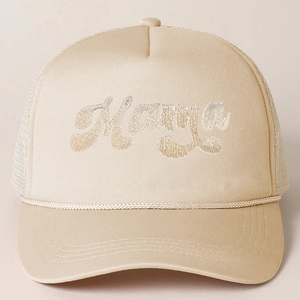 Detail view of Mama embroidered lettering and woven rope on a beige mesh trucker hat