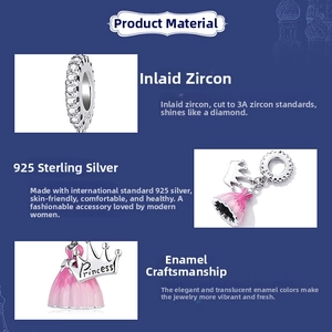 Detail showing S925 sterling silver princess dress charm with pink enamel and 3A cubic zirconia