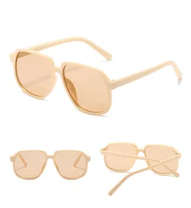 Three-angle views of retro square beige sunglasses with thick frames and matching lenses