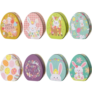 Set of 8 colorful egg-shaped Easter tin boxes with bunny patterns and Happy Easter text
