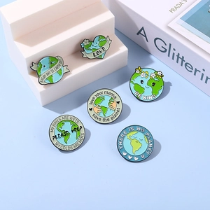 6-piece Earth Day enamel pin set with heart and plant motifs for jackets and bags