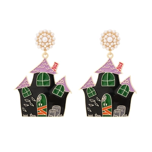 Halloween haunted house and tombstone drop earrings with pearls and colorful enamel finish