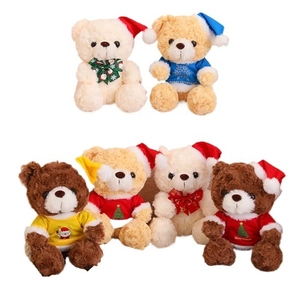 Set of six Christmas teddy bears in various colors with festive hats and holiday prints
