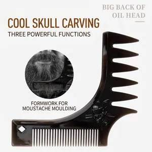 L-shaped men's hair styling comb with skull carving for beard and slicked-back hair