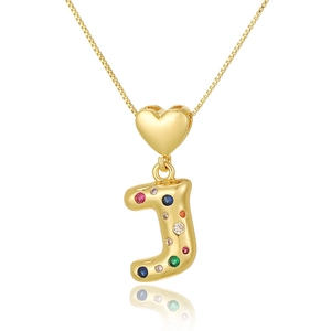 Gold letter J necklace with multi-colored zircons and heart clasp on a box chain