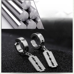 Close-up of a silver stainless steel blade stud earring with industrial design texture