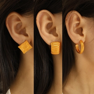 Three-frame view of vintage 18k gold plated chunky square and textured hoop earrings