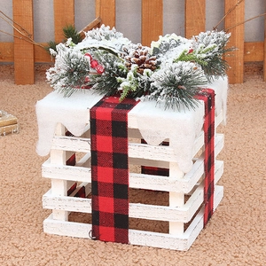 Three-piece wooden Christmas gift box decor with faux snow, pine cones and buffalo plaid ribbon