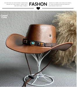 Detail of camel western cowboy hat with turquoise beads and adjustable chin strap
