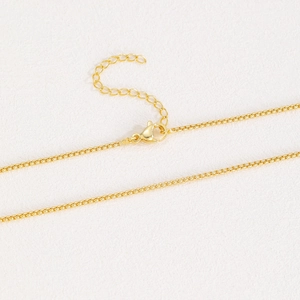 Detail of 18k gold plated box chain necklace with lobster clasp and extender