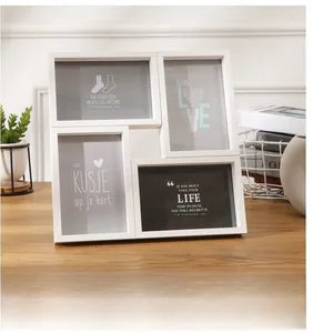 Close-up of a modern white 4-slot collage photo frame on a wooden table with home decor