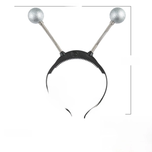 Detail view of alien antenna headband with silver glitter balls and dimensions 11x9.5 inches