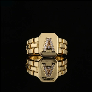 Initial Letter Ring 18K Gold Plated Copper Micro Inset AAA Zircon Adjustable Open Band Fashion Jewelry For Women