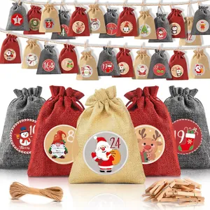 Detailed Christmas advent calendar set with 24 linen drawstring bags, rope, and wooden clips