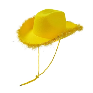 Yellow western cowboy hat with sparkling feather trim and adjustable drawstring