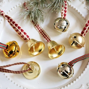 Christmas Bell Hanging Ornaments Metal Star Cutout Round Trumpet Bells With Plaid Heart Ribbon For Christmas Tree Home Decor Holiday Party Gifts