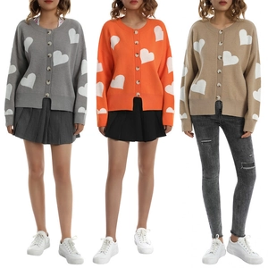 Three-color comparison of knitted cardigans with heart patterns and button-up design