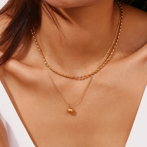 Double-layered 18K gold plated stainless steel necklace with bead chain and ball pendant