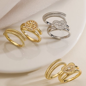 Evil Eye Heart Tree Of Life Rings For Women Gold Plated Copper Zircon Layered Textured Adjustable Fashion Jewelry