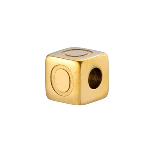 Macro shot of 14K gold plated stainless steel cube bead featuring engraved letter O