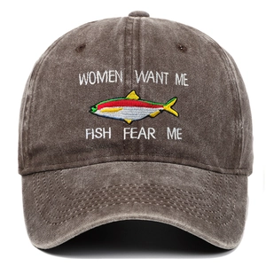 Detailed embroidery of fish and slogan on vintage washed cotton baseball cap