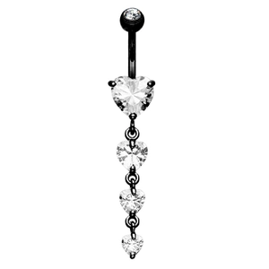 Black heart navel ring set featuring sparkling white cubic zirconia and dangling charms