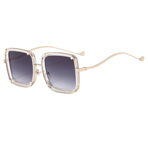 Vintage oversized square sunglasses with gold wave metal temples and grey gradient lenses