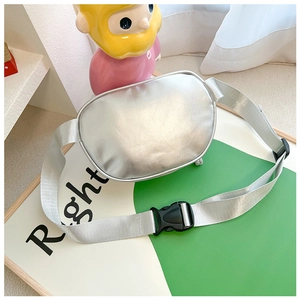 Metallic silver kids waist bag with adjustable strap and glossy PU finish details