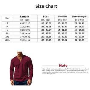 Detaillierte Größentabelle für Herren-Henley-Shirt aus Cord mit Maßen von S bis 3XL