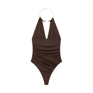 Maillot de bain une pièce marron à décolleté plongeant avec anneau et fronces