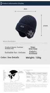 Detailed size guide for knitted winter beanie showing dimensions and head measurements