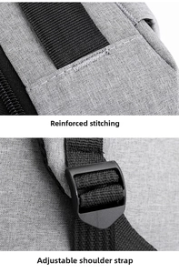 Detail of reinforced stitching on top handle and adjustable shoulder strap buckle