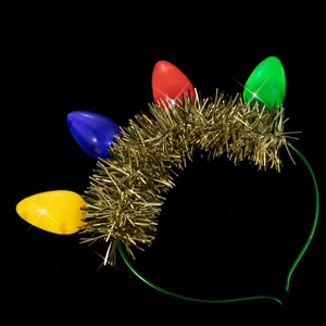 Light-up Christmas headband with colorful large bulbs and gold tinsel for party decoration