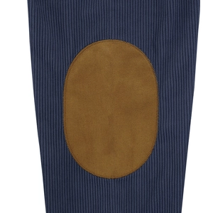 Detail of navy knit sweatshirt featuring brown oval patches with reinforced stitching