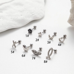 Set of 8 stainless steel cartilage studs with star flower moon and heart shapes