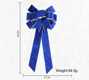 Detail of 60cm large blue velvet bow with silver edges showing exact dimensions and weight