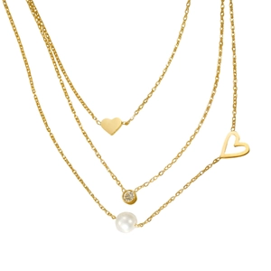 Three-layer 18k gold stainless steel necklace with heart pendant, pearl and zircon accents