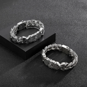 Men's vintage silver stainless steel 316L biker chain bracelet with embossed cross patterns