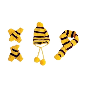 Three-piece dog knit set with yellow and black striped hat scarf and leg warmers