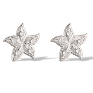 Detail view of silver starfish stud earrings with sparkling white cubic zirconia stones