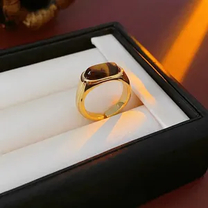 Retro Gold Plated Open Ring With Oval Tiger Eye Stone Adjustable Minimalist Jewelry For Women