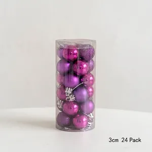 Set of 24 magenta 3cm Christmas balls in matte, glossy, and glitter finishes in a clear tube