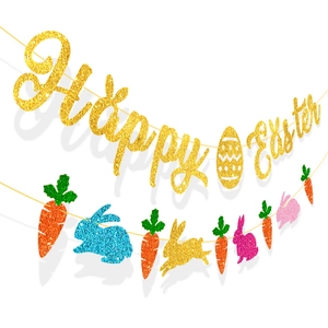 Detail of glittery Happy Easter banner showing rabbits, carrots and colorful eggs