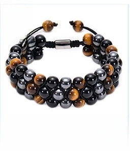 Detail of 8mm tiger eye stone beads with hematite in a triple-layer braided bracelet