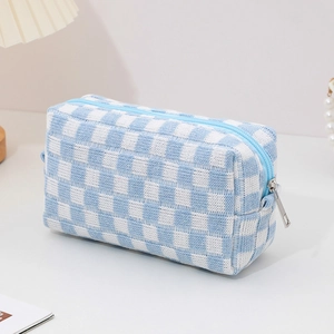 Blue and white checkered knitted cosmetic bag with soft texture and large capacity