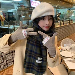 Close-up of khaki knit gloves with text label worn with a plaid scarf in a cozy setting