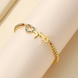 Adjustable gold bead bracelet with colorful zircon heart, pulse line, and paw print charms