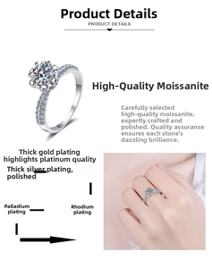 Detail of 1ct moissanite ring with six-prong setting and thick rhodium plating layers