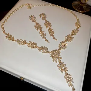 Collier Et Boucles D'Oreilles Pampilles Feuilles D'Épi De Blé Élégants Strass Alliage Doré Bijoux Vintage De Luxe Mariage Fête